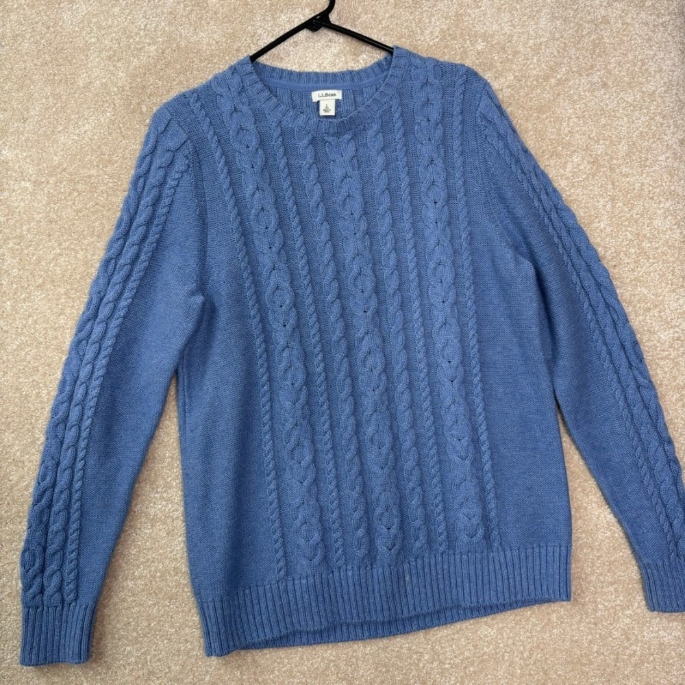 LL‎ BEAN Sweater Women's Large Blue Cable Knit Cotton Pullover Crewneck Heritage